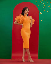 Mesh Fluffy Sleeve Midi Bandage Dress